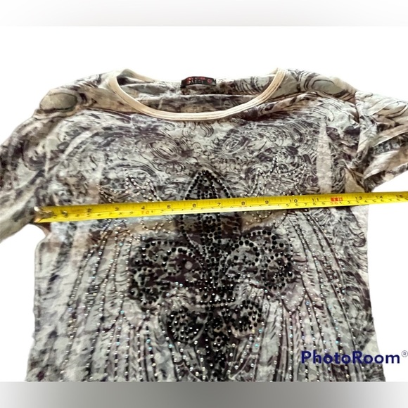 PARTY Sheer Women’s Fleur De Lis Rhinestone Burnout Long Sleeve Top Goth Concert - Picture 14 of 17